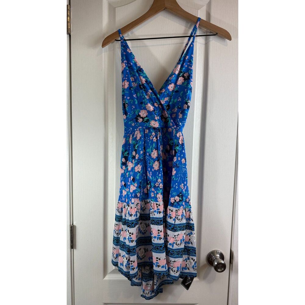 Senfure Women's Blue Floral Sun Dress Open Tie Back Polyester Rayon Size S Small
